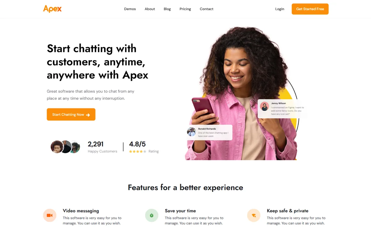 Apex landing page: headline “Start chatting with customers, anytime, anywhere with Apex” beside a photo of someone using a phone, with chat bubble callouts.