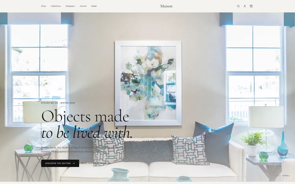 Maison storefront: headline “Objects made to be lived with” over a living-room photograph.