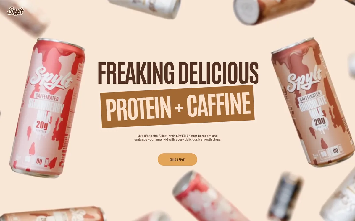 Spylt landing page: headline “Freaking delicious protein + caffeine” between floating protein milk cans.