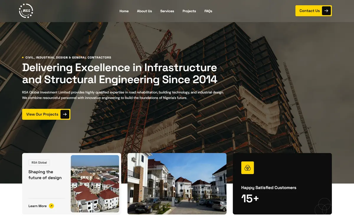RSA Global Investment homepage: headline “Delivering Excellence in Infrastructure and Structural Engineering Since 2014” over a construction site photograph.