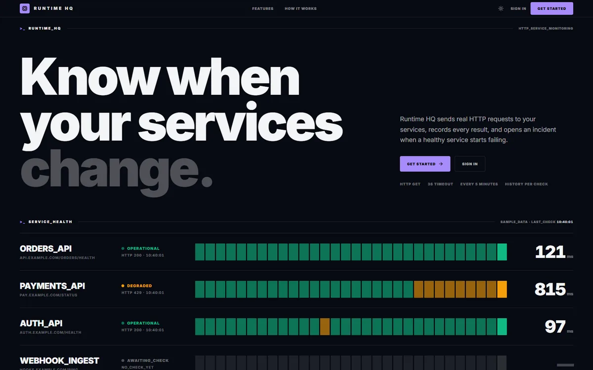 Runtime HQ dashboard: headline “Know when your services change” beside a live status timeline for monitored services.